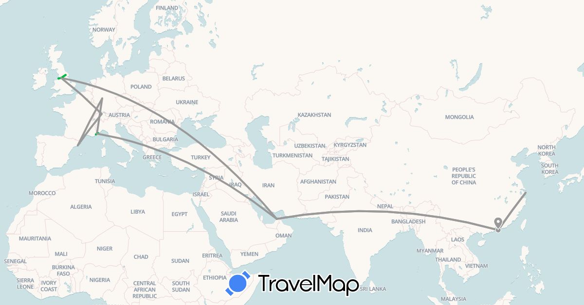 TravelMap itinerary: driving, bus, plane in United Arab Emirates, Switzerland, China, Germany, Spain, France, United Kingdom, Italy, Monaco (Asia, Europe)